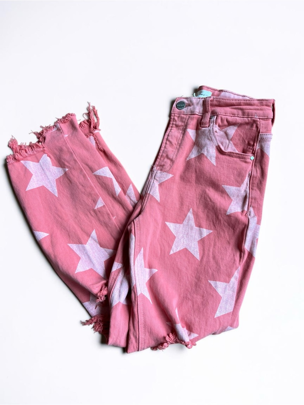 Risen Pink Star Print Distressed Jeans Frayed Hem Stretch Denim Size 3/26